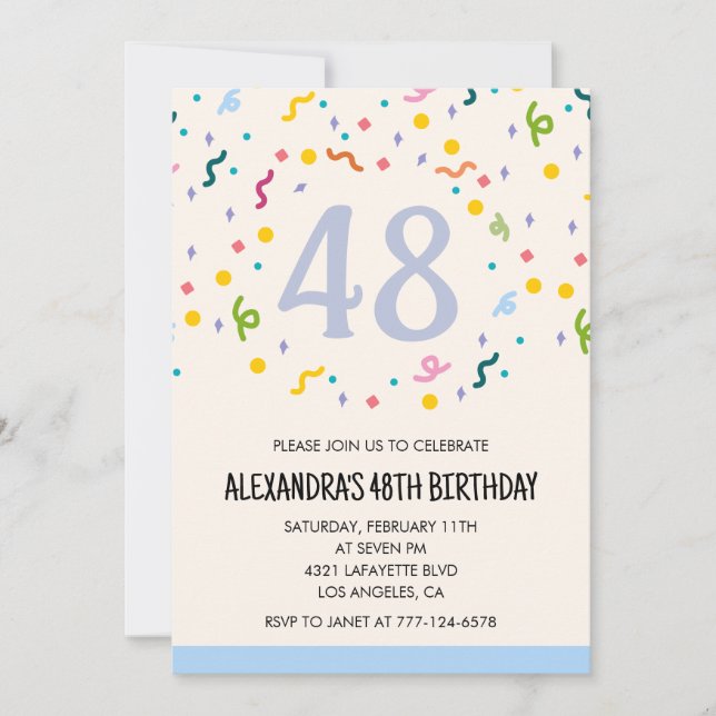 Convites de aniversário de 48 anos simples Confete (Frente)