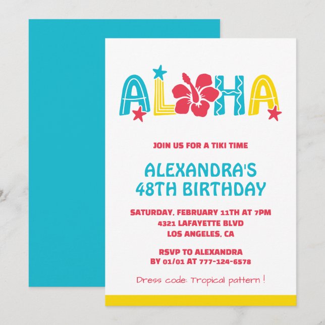 convites de aniversário de 48 anos Tropical Aloha  (Frente/Verso)