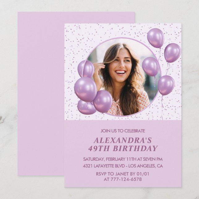 Convites de aniversário de 49 anos Balões Roxo Fot (Frente/Verso)