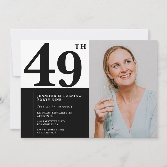 Convites de Aniversário de 49 Anos Foto Preto e Br (Frente)