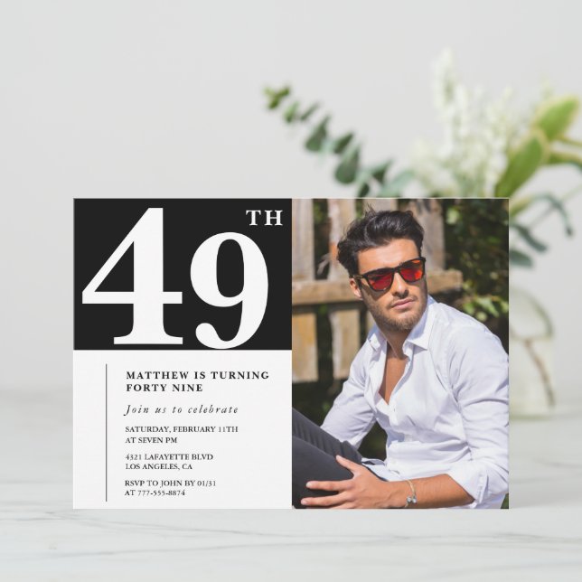 Convites de aniversário de 49 anos Preto e Branco  (Em pé/Frente)