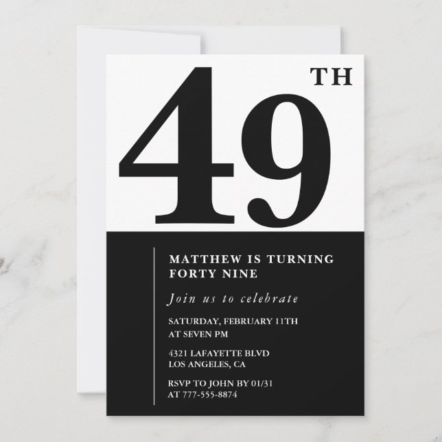 convites de aniversário de 49 anos Preto e Branco  (Frente)