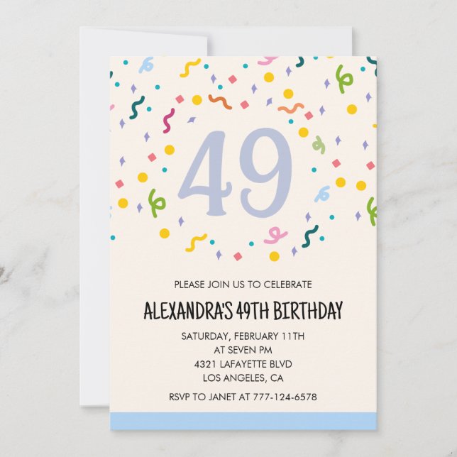 Convites de aniversário de 49 anos simples Confete (Frente)