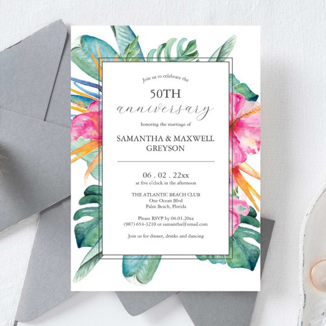 Convites de Aniversário de 50 Anos de Casamento Tr (50th anniversary wedding anniversary invitations watercolor  tropical flowers and palm leaves)