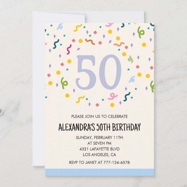 Convites de aniversário de 50 anos modernos Confet (Frente)