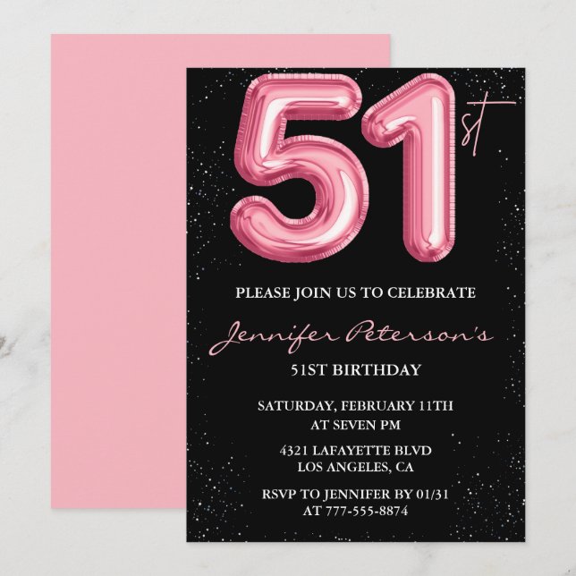 Convites de aniversário de 51 anos Black Pink Balã (Frente/Verso)