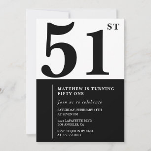 convites de aniversário de 51 anos Preto e Branco
