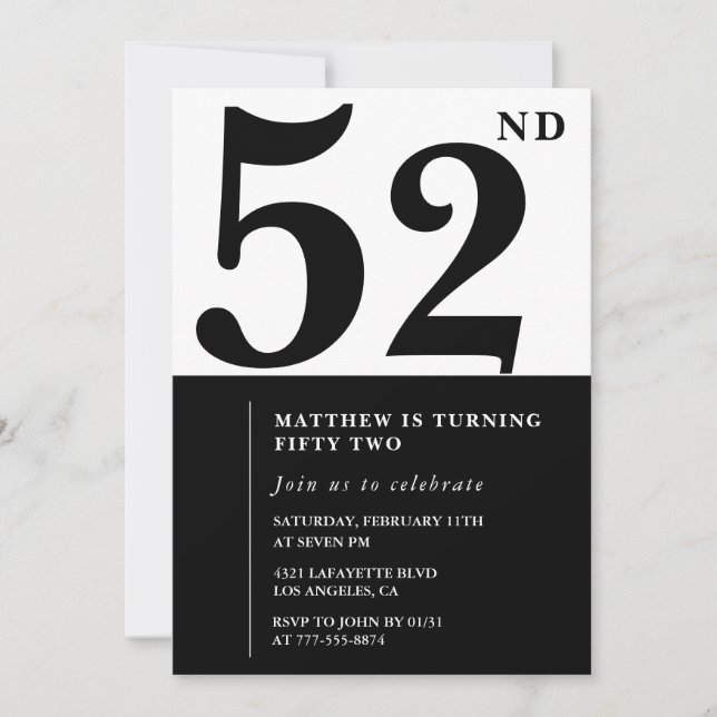 convites de aniversário de 52 anos Preto e Branco  (Frente)