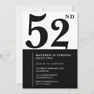 convites de aniversário de 52 anos Preto e Branco