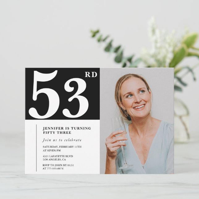 Convites de Aniversário de 53 anos em Foto Preto e (Em pé/Frente)