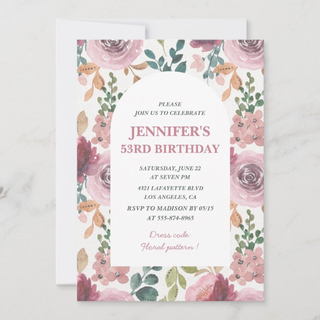 Convites de aniversário de 53 anos Floral Aquarela (Frente)