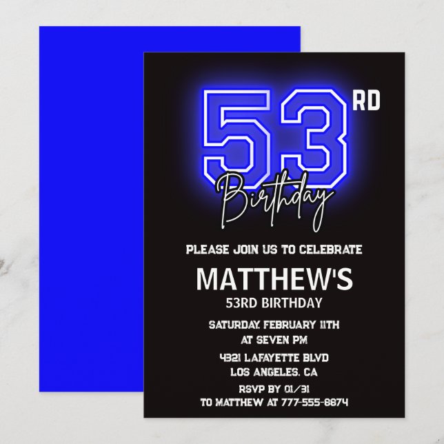 Convites de aniversário de 53 anos Neon Preto Home (Frente/Verso)