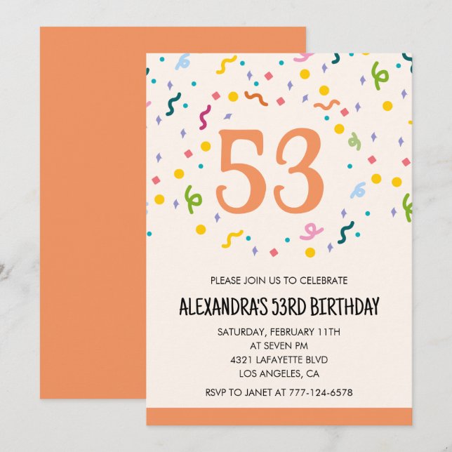 Convites de aniversário de 53 anos Simple Confetti (Frente/Verso)