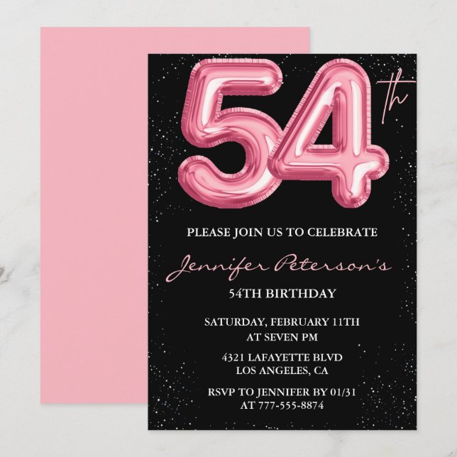 Convites de aniversário de 54 anos Black Pink Balã (Frente/Verso)