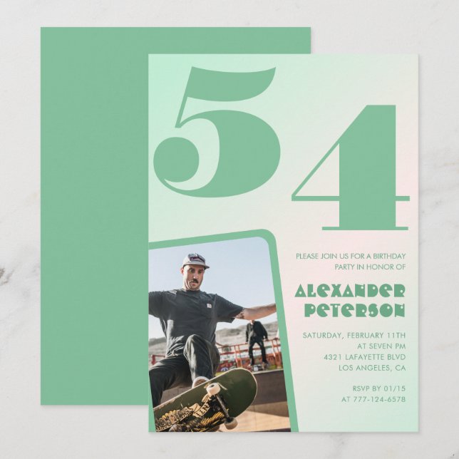 Convites de aniversário de 54 anos gradiente verde (Frente/Verso)