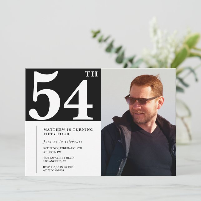 Convites de aniversário de 54 anos Preto e Branco  (Em pé/Frente)
