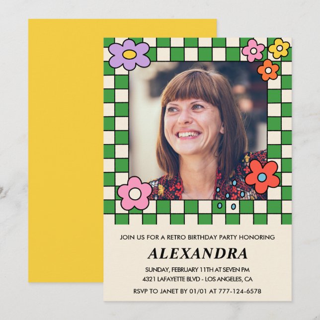 convites de aniversário de 55 anos Flores Retro Gr (Frente/Verso)
