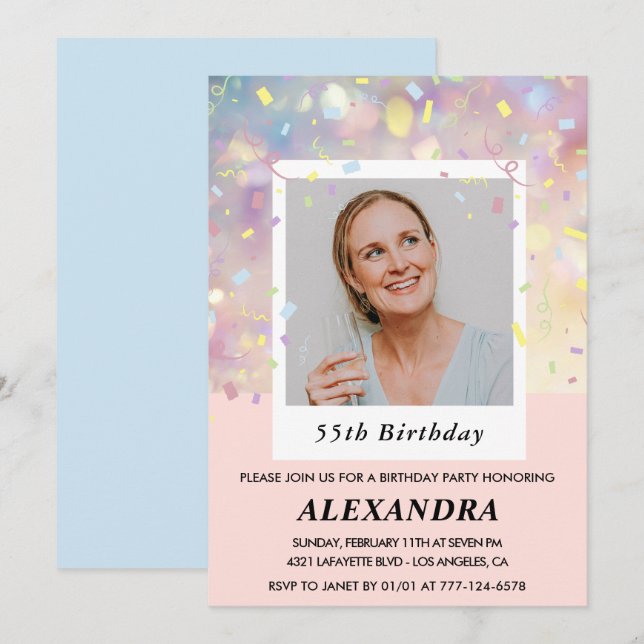 Convites de aniversário de 55 anos rosa Confetes F (Frente/Verso)