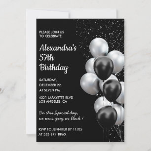 Convites de aniversário de 57 anos Black Silver Ba