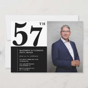 Convites de Aniversário de 57 Anos Preto e Branco 