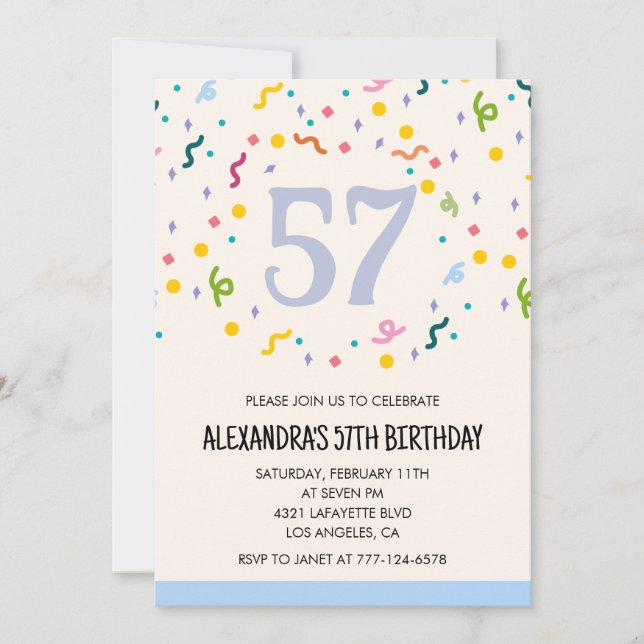 Convites de aniversário de 57 anos simples Confett (Frente)