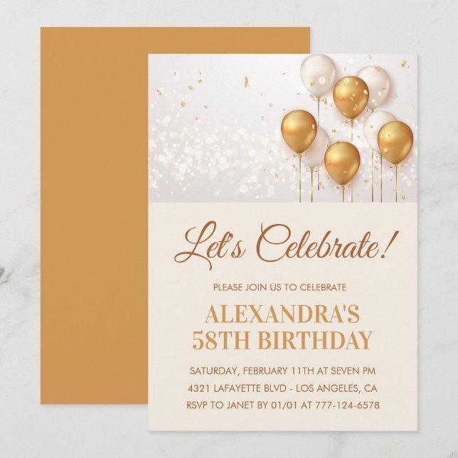 convites de aniversário de 58 anos Balões Dourados (Frente/Verso)