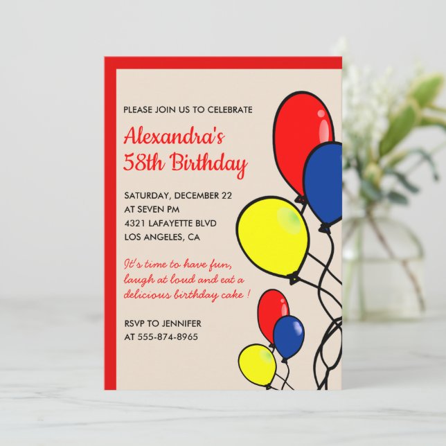 Convites de aniversário de 58 anos Balões Simples  (Em pé/Frente)