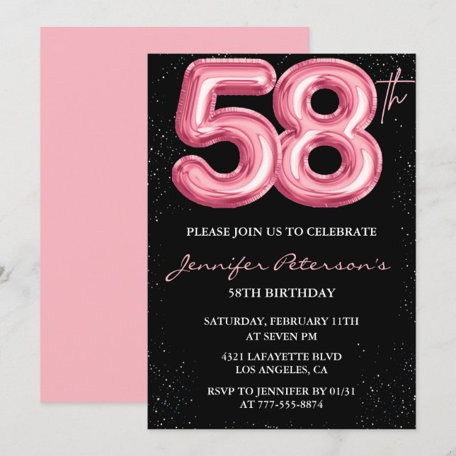 Convites de aniversário de 58 anos Black Pink Balã (Frente/Verso)