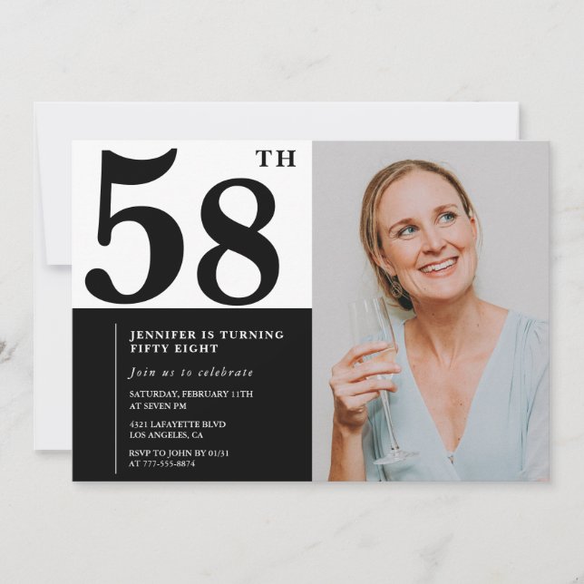 Convites de Aniversário de 58 Anos com Foto Preto  (Frente)