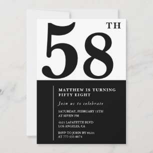 convites de aniversário de 58 anos Preto e Branco 