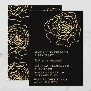 Convites de aniversário de 58 anos preto floral do