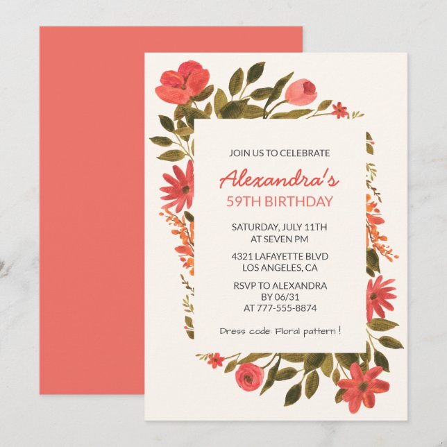 Convites de aniversário de 59 anos Elegant Floral  (Frente/Verso)