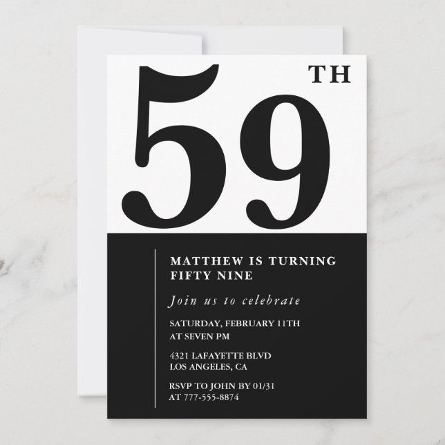 convites de aniversário de 59 anos Preto e Branco  (Frente)