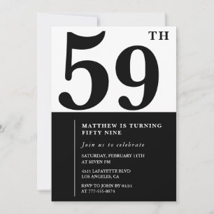 convites de aniversário de 59 anos Preto e Branco 