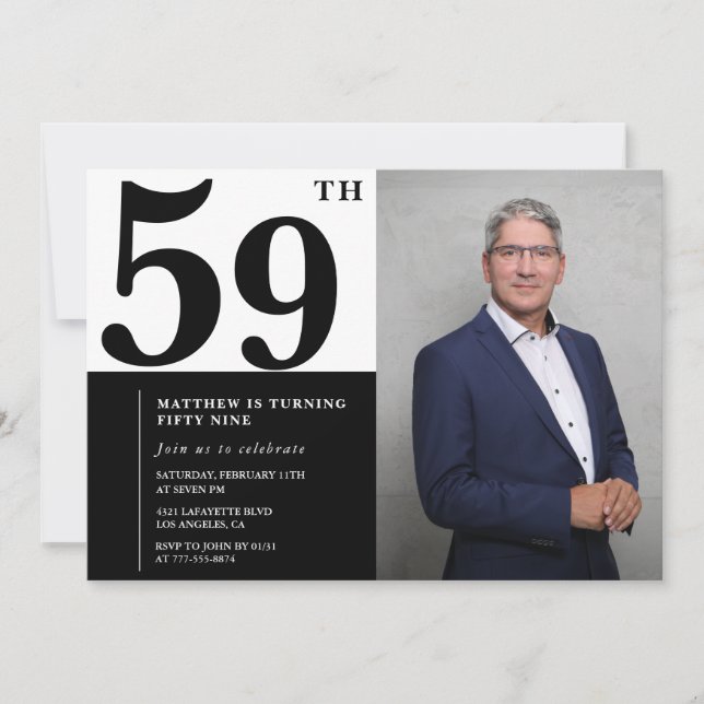 Convites de Aniversário de 59 anos Preto e Branco  (Frente)