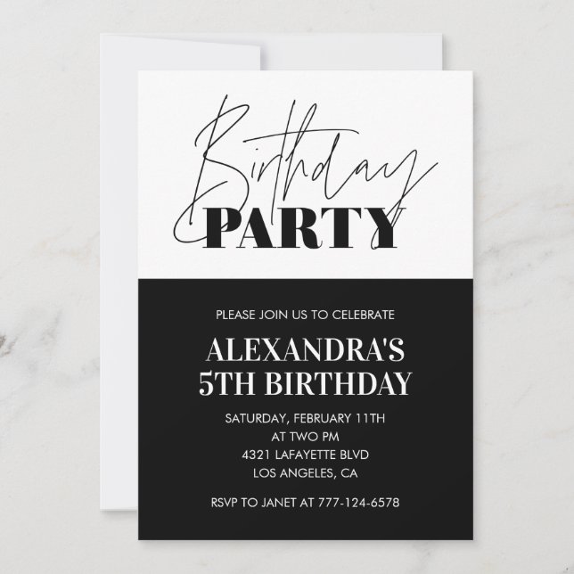 Convites de aniversário de 5 anos Preto Branco Fes (Frente)