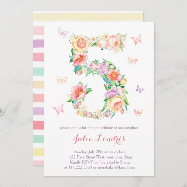 Convites de aniversário de 5 para Menina com Borbo (Frente/Verso)