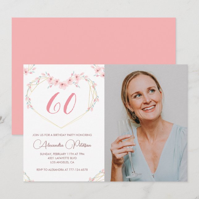 convites de aniversário de 60 anos Boho Floral Fot (Frente/Verso)