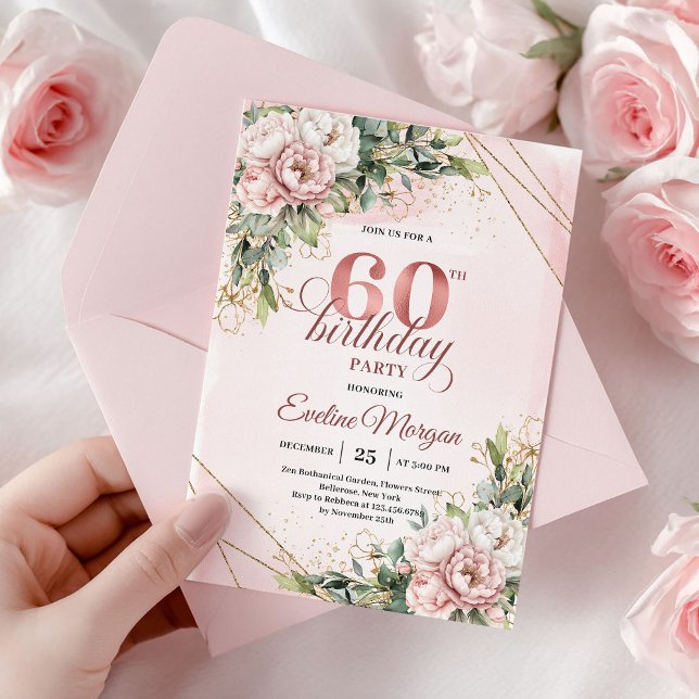 Convites de Aniversário de 60 anos Rosa Dourado Fl (Blush Pink Rose Gold Floral 60th Birthday Invitation)