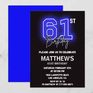 Convites de aniversário de 61 anos Neon Preto Home
