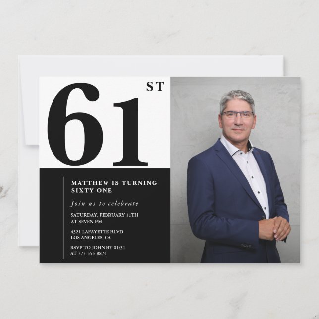 Convites de Aniversário de 61 anos Preto e Branco  (Frente)
