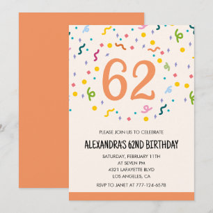 Convites de aniversário de 62 anos Simple Confetti