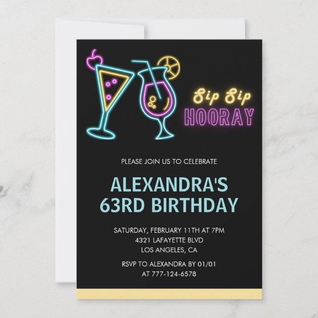 Convites de aniversário de 63 anos preto Cocktail  (Frente)