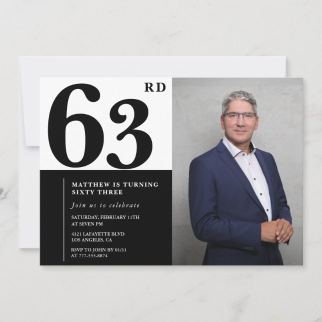 Convites de Aniversário de 63 Anos Preto e Branco  (Frente)