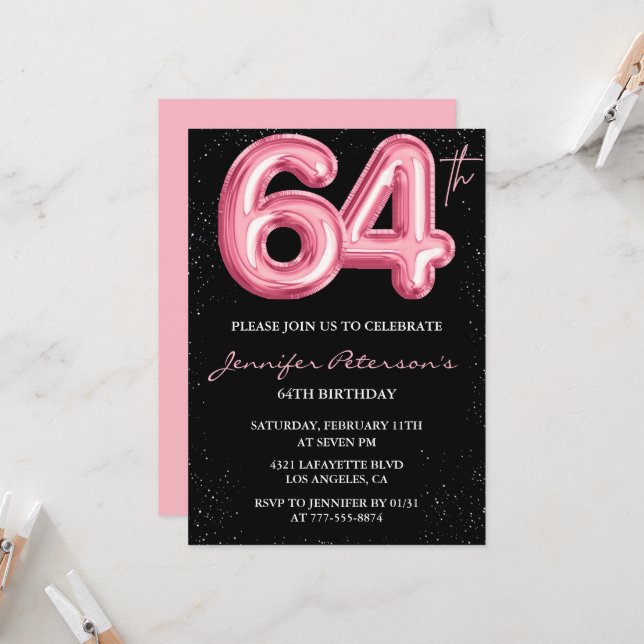 Convites de aniversário de 64 anos Black Pink Balã (Frente/Verso In Situ)