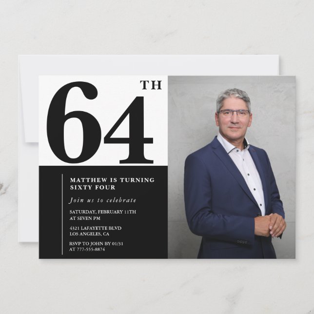 Convites de Aniversário de 64 Anos Preto e Branco  (Frente)