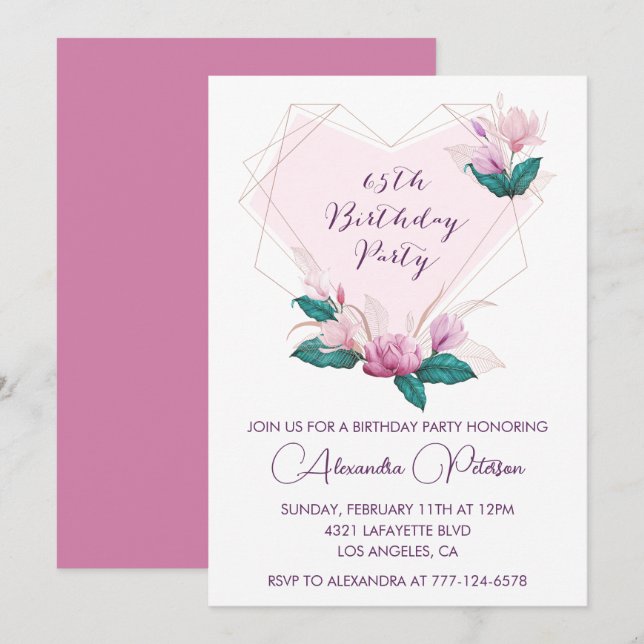 Convites de aniversário de 65 anos elegantes Flora (Frente/Verso)