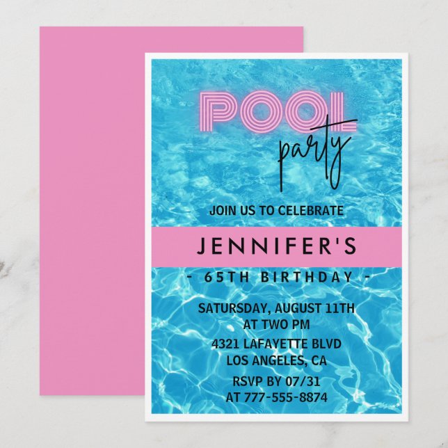 convites de aniversário de 65 anos Pool Party Verã (Frente/Verso)