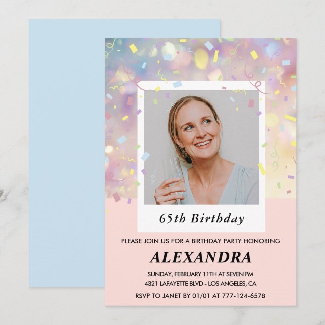 Convites de aniversário de 65 anos rosa Confete Fo (Frente/Verso)