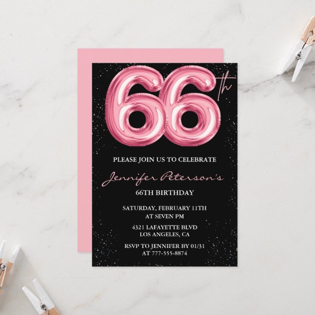 Convites de aniversário de 66 anos Black Pink Balã (Frente/Verso In Situ)